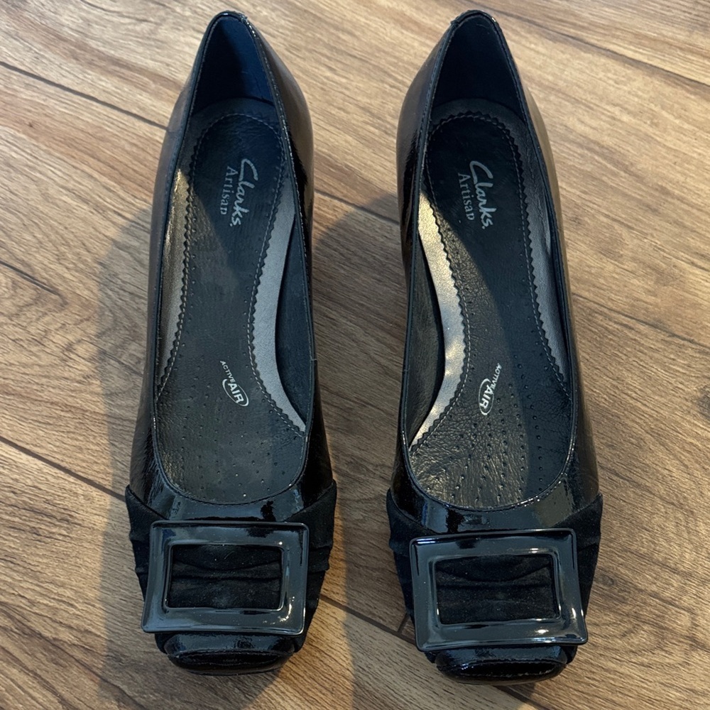Clarks Black Patent Heels with Buckle Detail